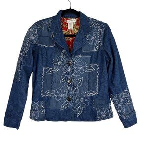 Coldwater Creek Denim Jacket Women’s PS Blue Floral‎ Embroidered Patchwork Boho